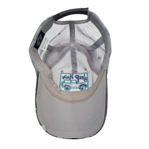 Distressed Gray "Jeep Hair Don't Care" Mesh Trucker Hat By Katydid Adjustable - Picture 7 of 10